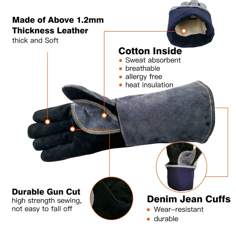 WZQH 16 Inches,932â„‰,Leather Welding Gloves, Heat/Fire Resistant,Large Mitts for BBQ,Oven,Grill,Fireplace,Tig,Mig,Forge,Baking,Furnace,Stove,Pot Holder,Animal Handling Glove.L Black-gray - Image 4